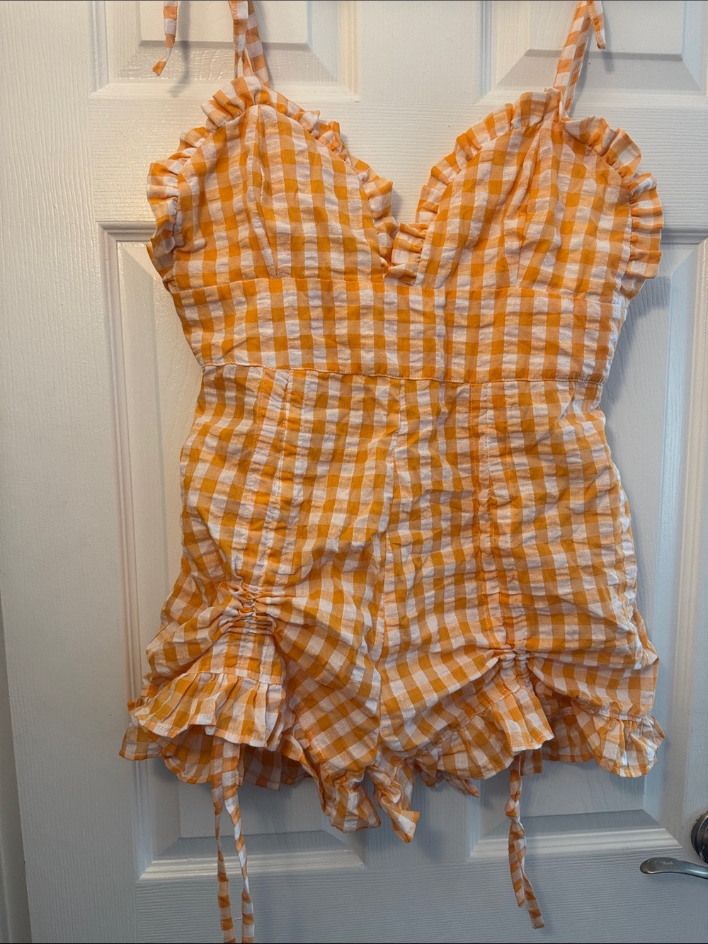 SHEIN Orange and White Gingham Ruffle Romper